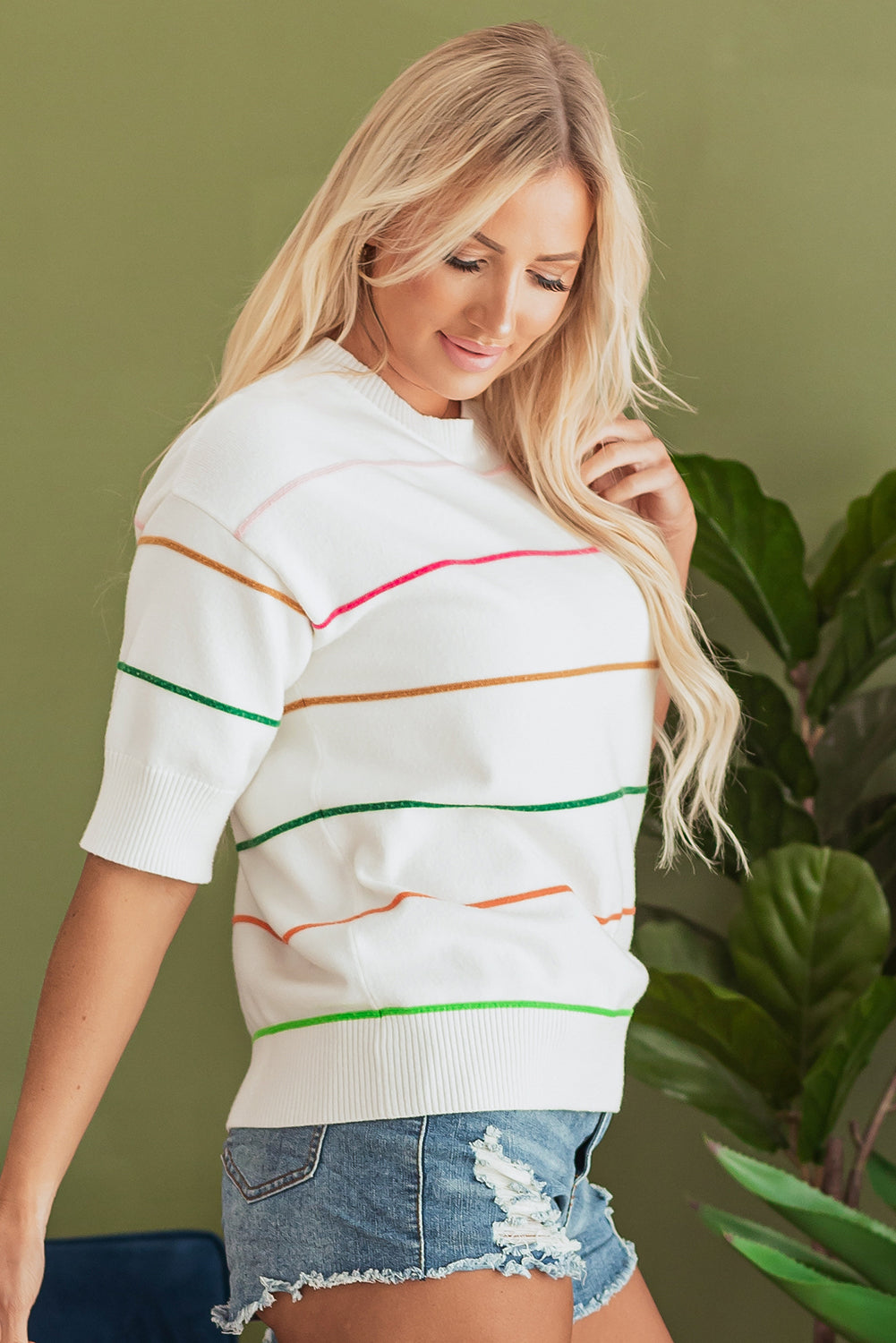 Green Colorblock Striped Half Sleeve Drop Shoulder Sweater