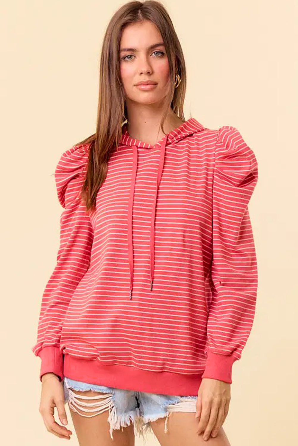 Red Stripe Puff Sleeve Stripe Hoodie