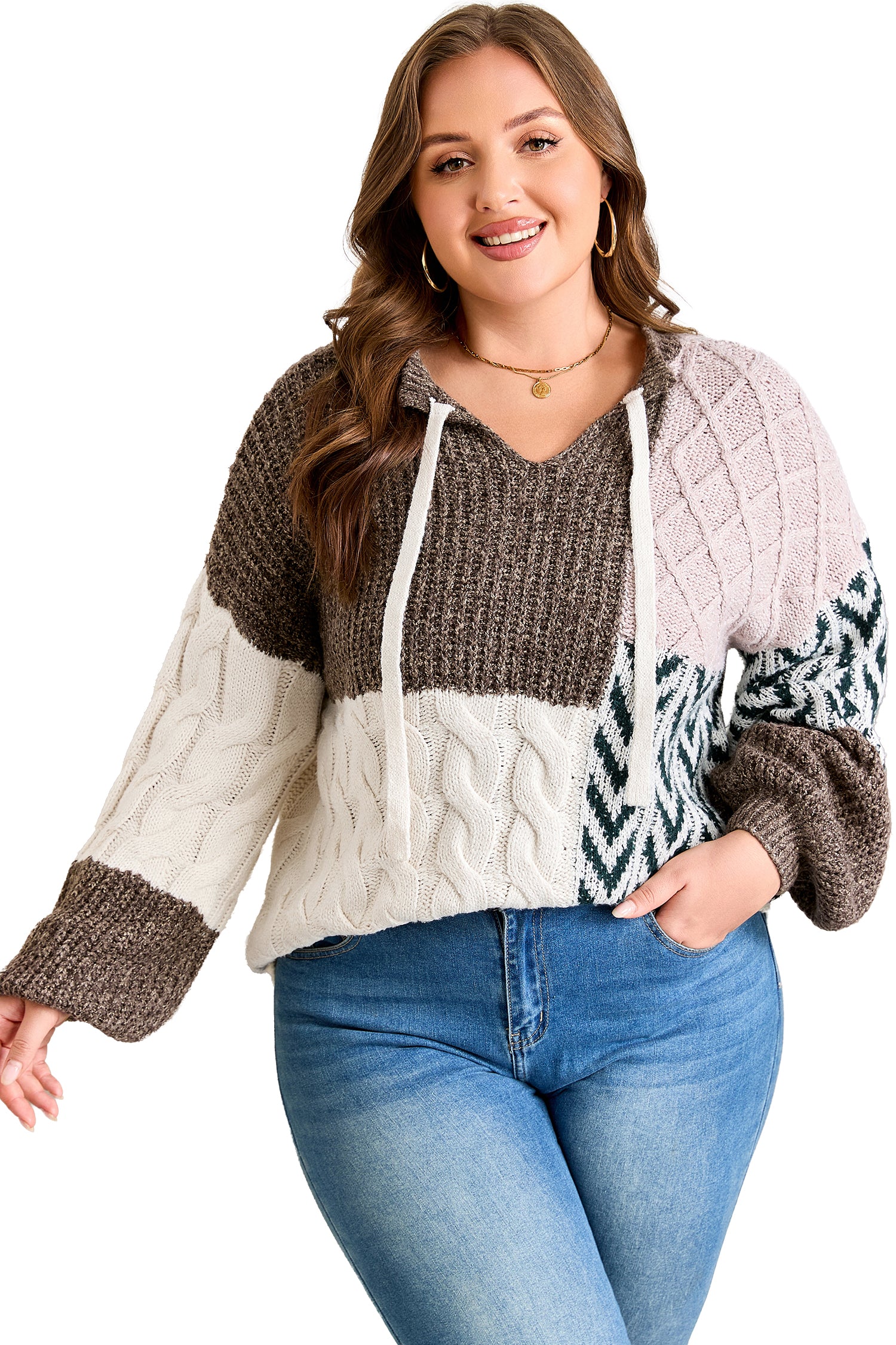 Brown Plus Size Color Block Patchwork Knotted Back Loose Fit Sweater