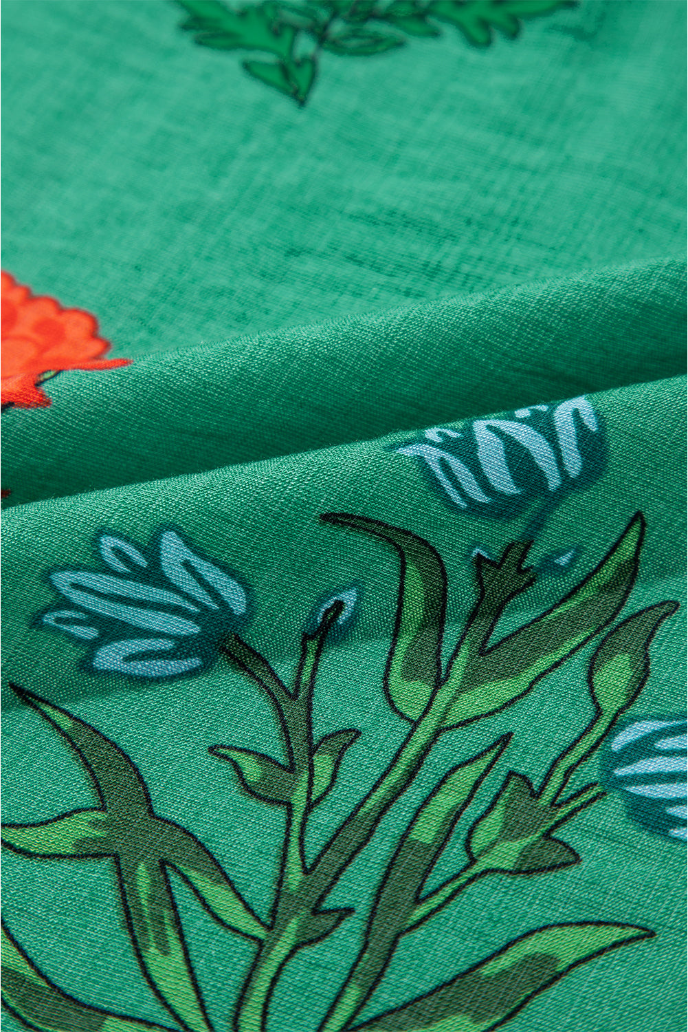 Bright Green Floral Print Buttoned V Neck Short Sleeve Blouse