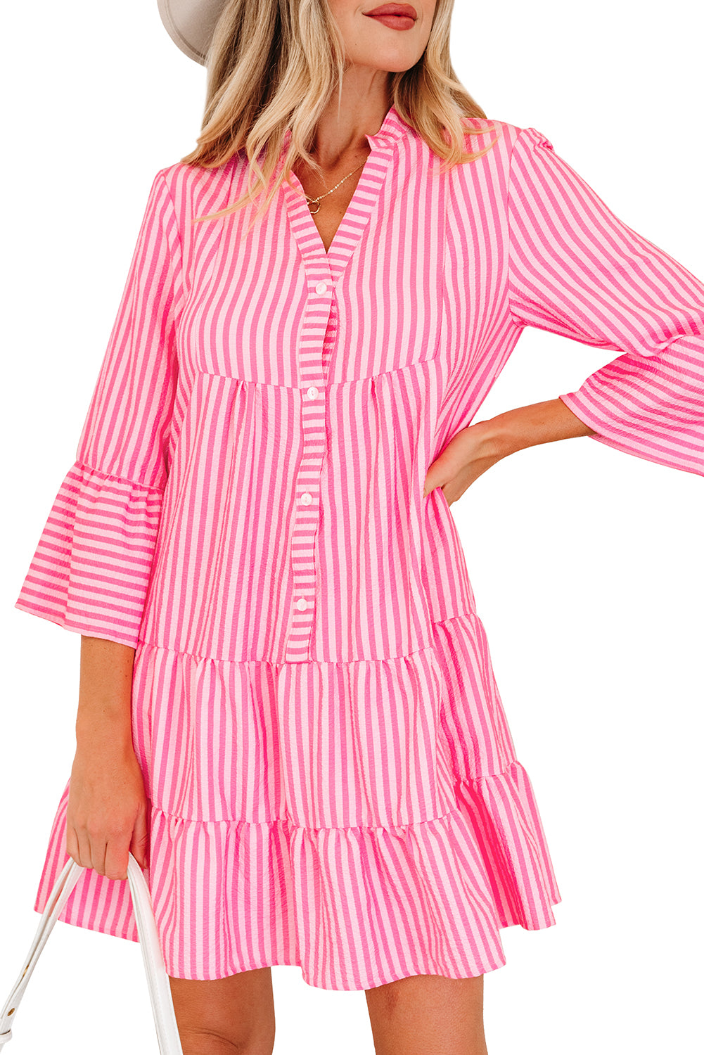 Pink Stripe Flare Sleeve Half Placket Tiered Flowy Mini Dress