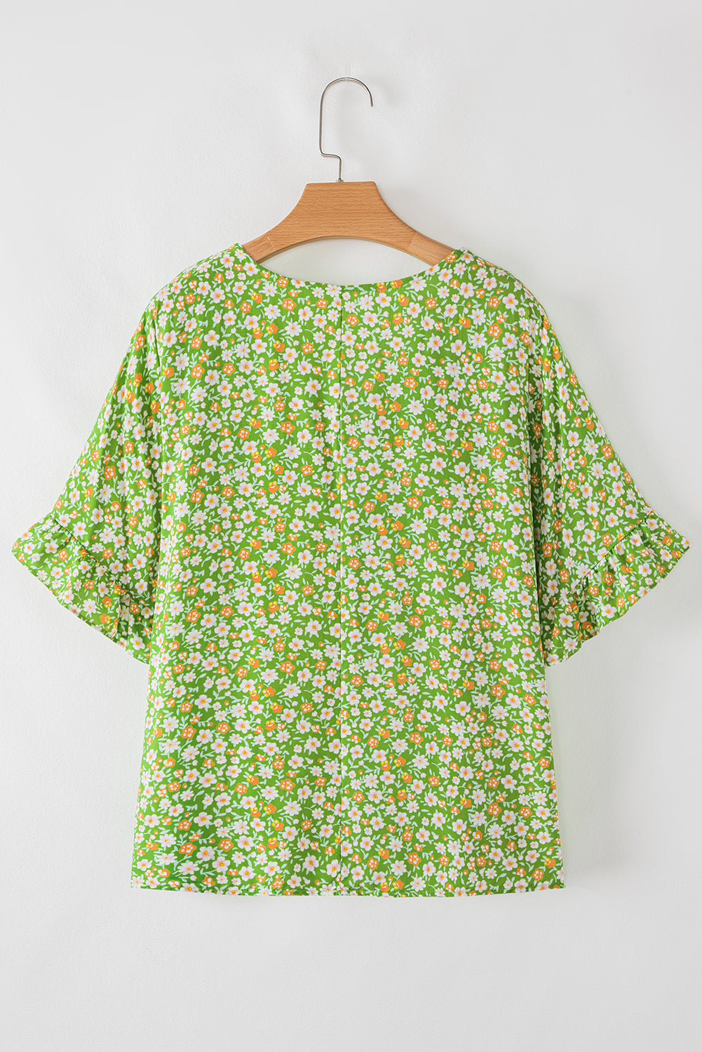 Green Floral Print Ruffle Sleeve V Neck Blouse Top