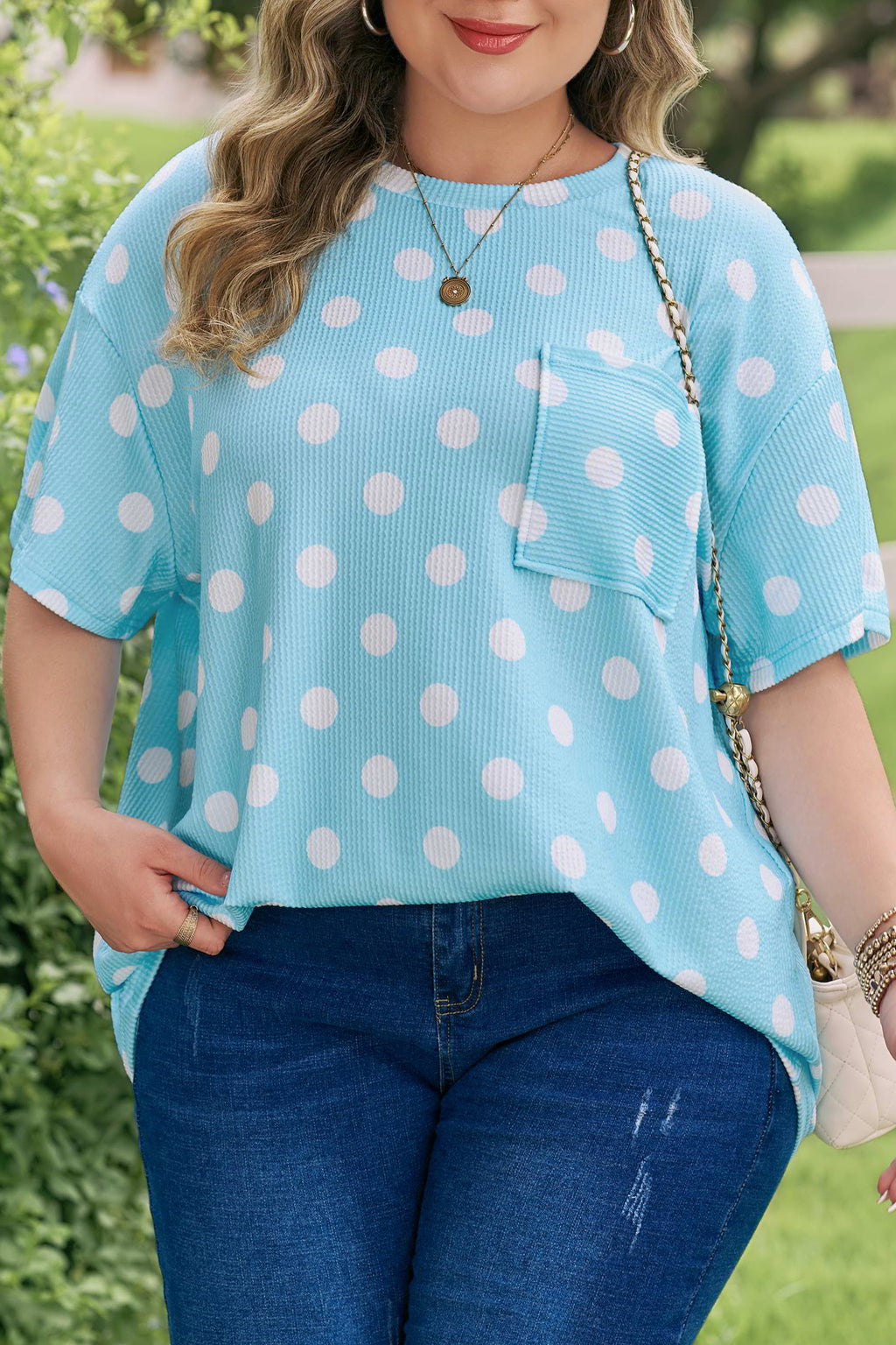 Pink Twisted Rib Polka Dot Print Plus Size T Shirt