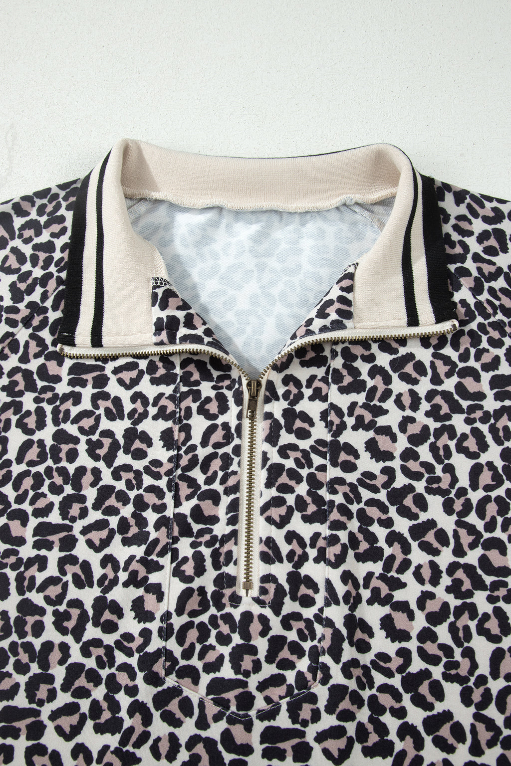 Brown Plus Size Leopard Print Striped Webbing Patchwork Half Zip Blouse