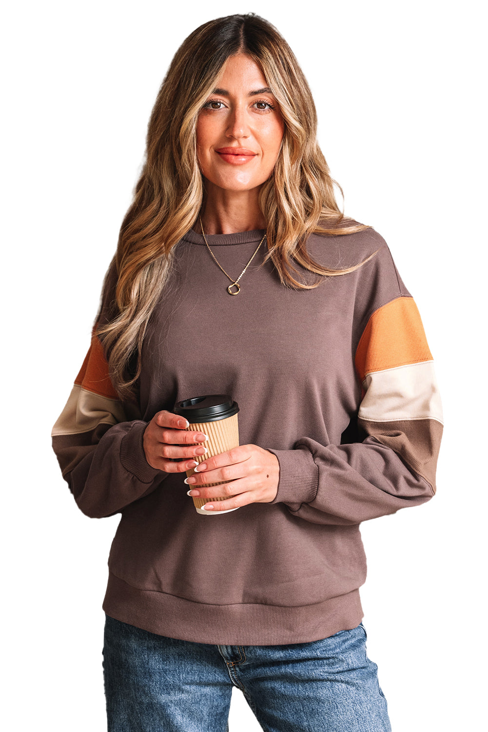 Dark Khaki Color Block Drop Shoulder Pullover Casual Sweatshirt