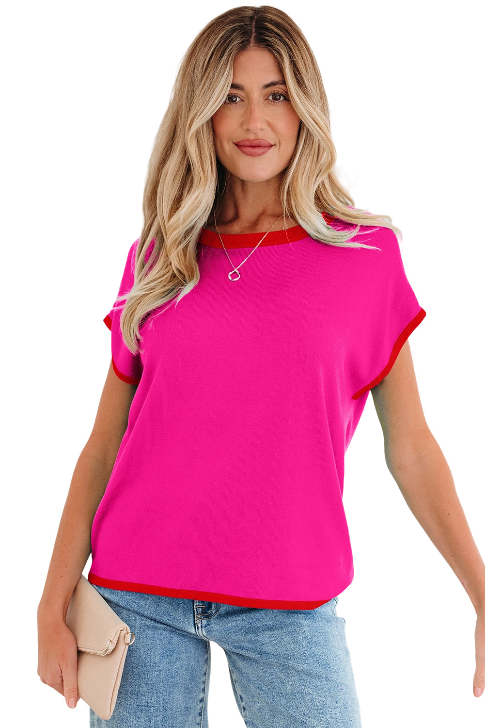 Green Contrast Trim Round Neck Short Sleeve Loose Knit Sweater