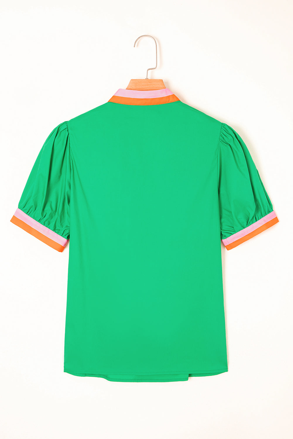 Bright Green Contrast Striped V Neck Collision Short Puff Sleeve Blouse