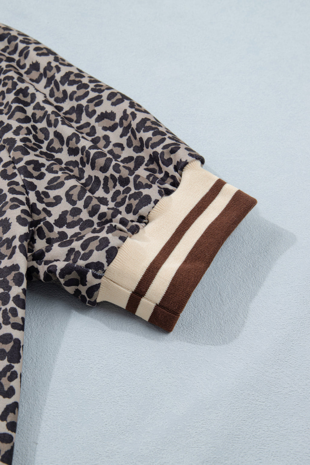 Brown Leopard Print Half Zip Striped Trim Patchwork Short Sleeve Top