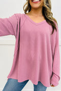 Pink Twisted Rib Texture Exposed Seam Patchwork Loose Long Sleeve Top