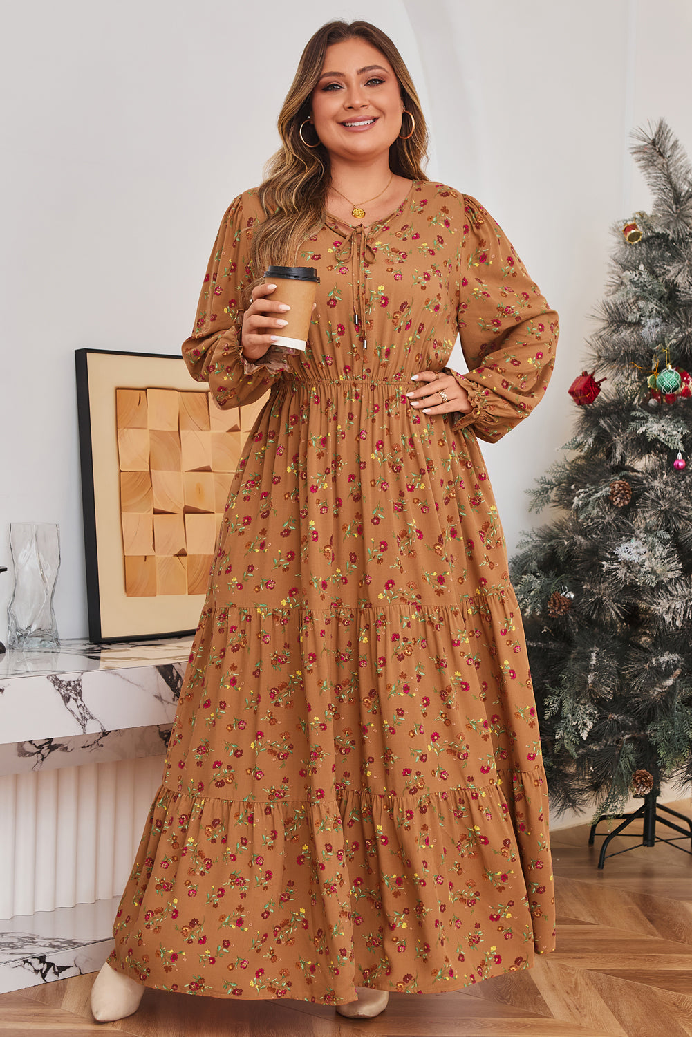 Brown Plus Size Floral Split V Neck Ruffled Sleeve Tiered Maxi Dress