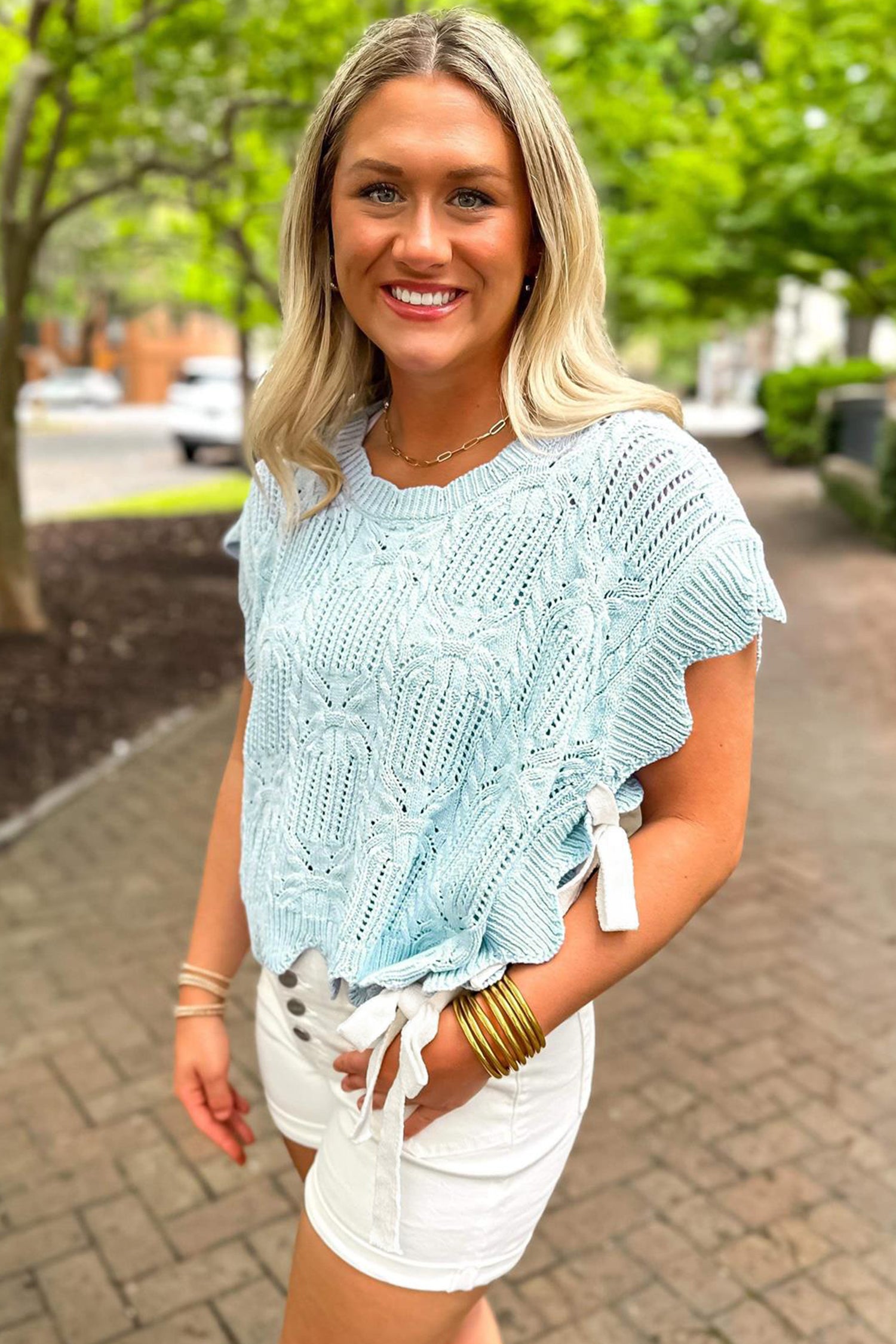 Bonbon Pointelle Knit Patterned Scalloped Trim Short Sleeve Sweater