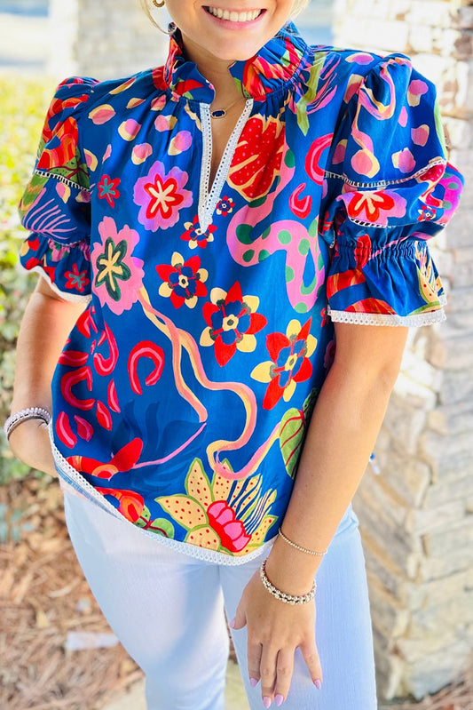 Blue Abstract Print Frilled Collar Ruffled Puff Short Sleeve Top