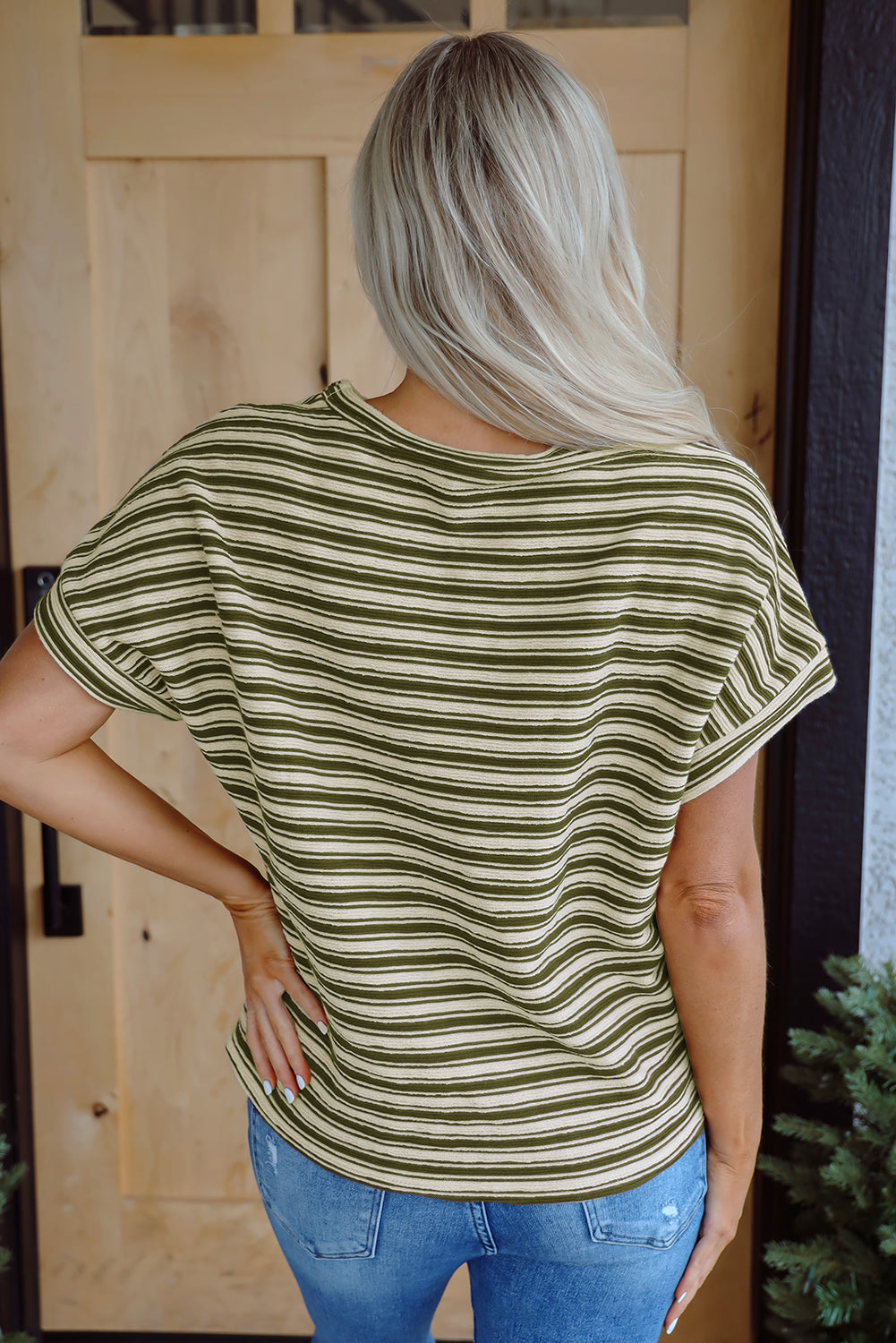 Green Stripe Textured Side Slits Crew Neck T Shirt