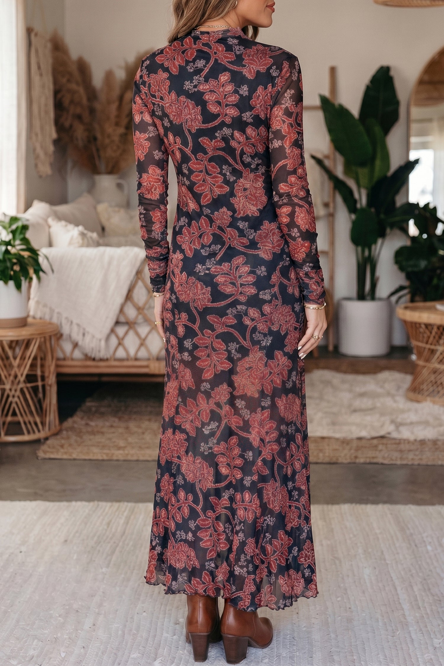 Black Retro Floral Print Long Sleeve Casual Mesh Dress