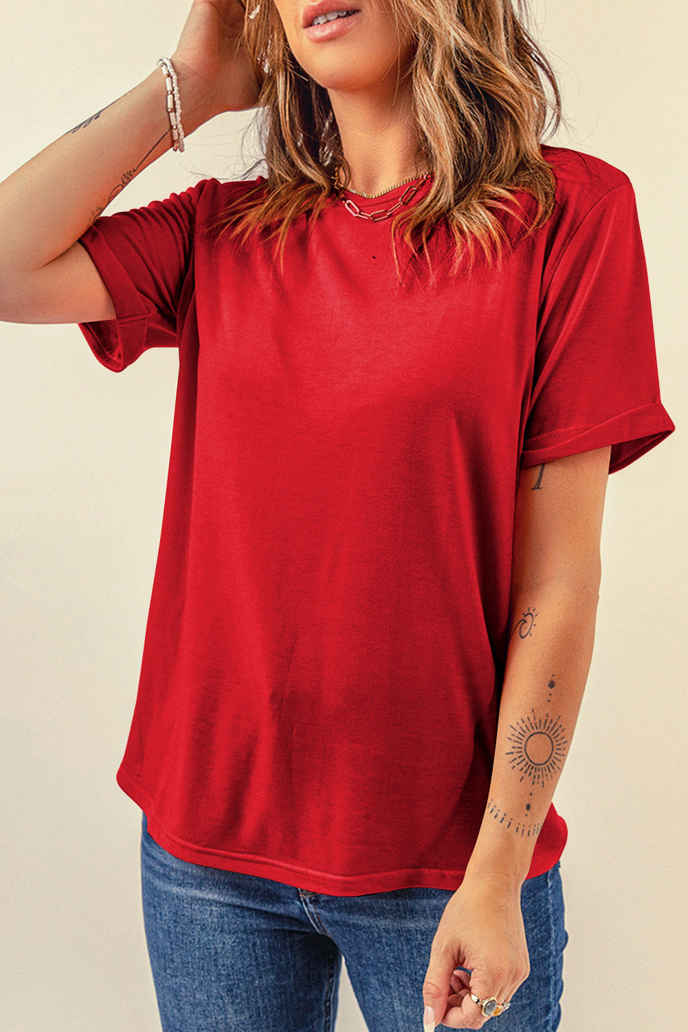 Orange Casual Plain Crew Neck Tee