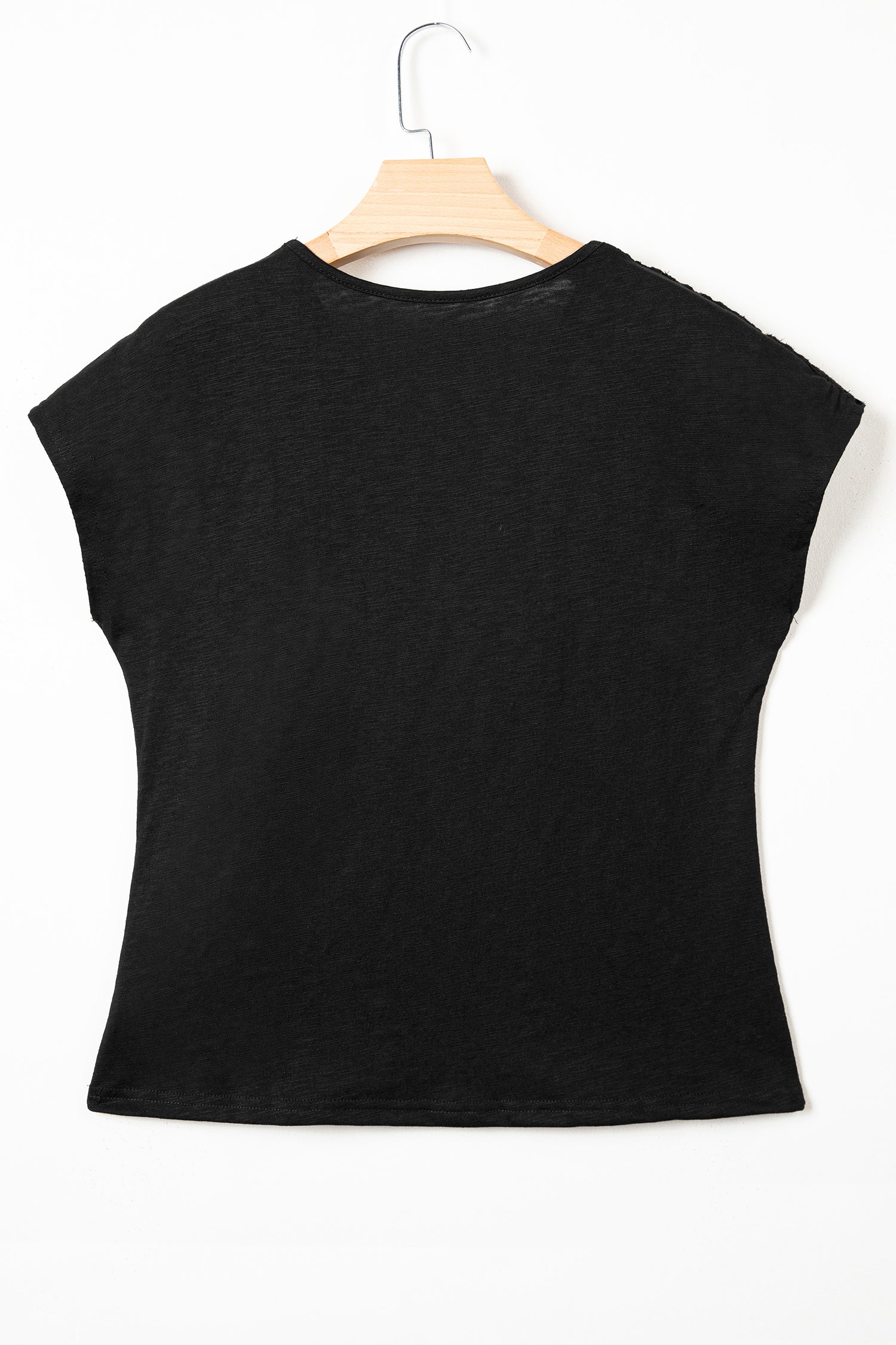 Black Cutout Embroidered Trim V Neck Cap Sleeve Tee