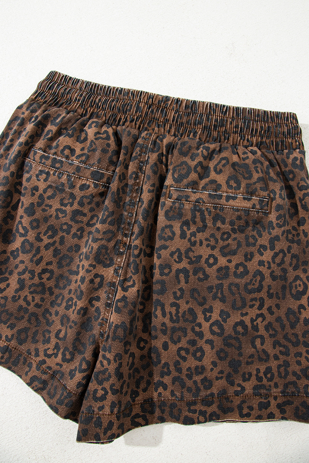 Brown Leopard Print Elastic Waist Drawstring Denim Skort