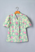 Yellow Short Bubble Sleeve Summer Floral Blouse