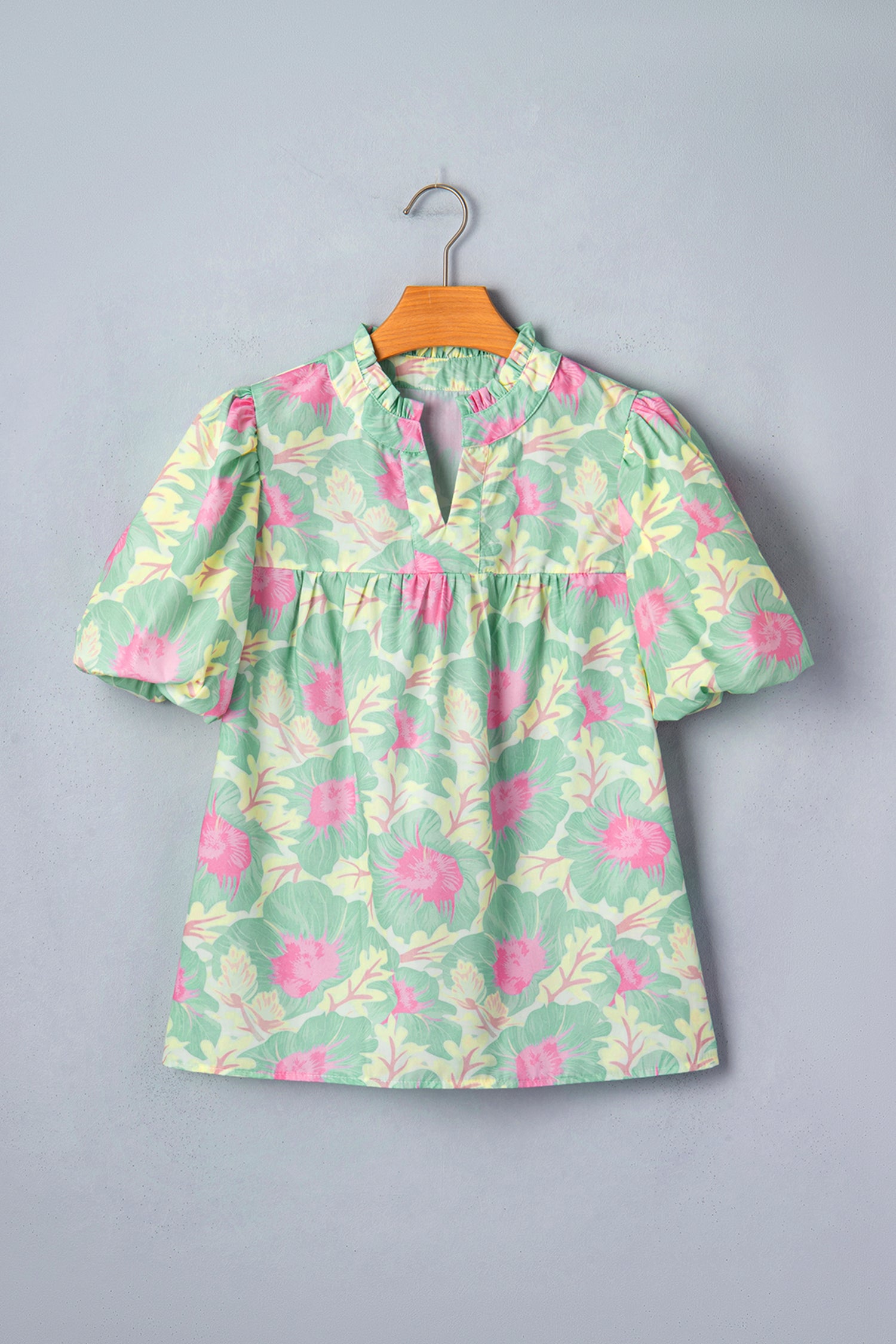 Yellow Short Bubble Sleeve Summer Floral Blouse