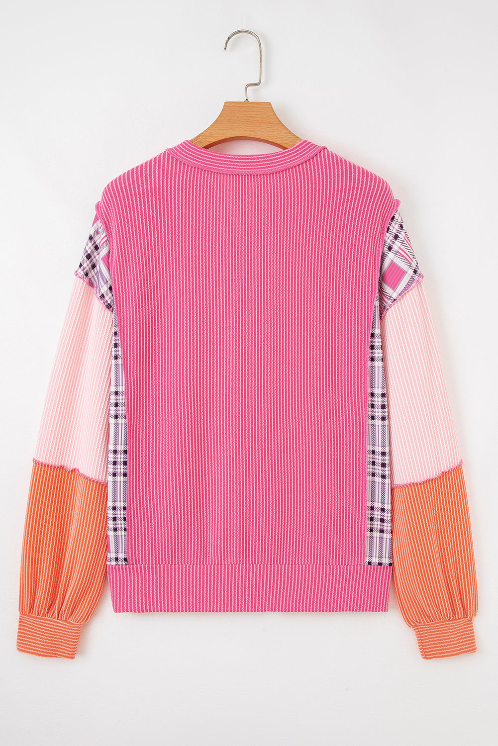 Rose Red Corded Texture Plaid Colorblock Patchwork Split Neck Long Sleeve Top