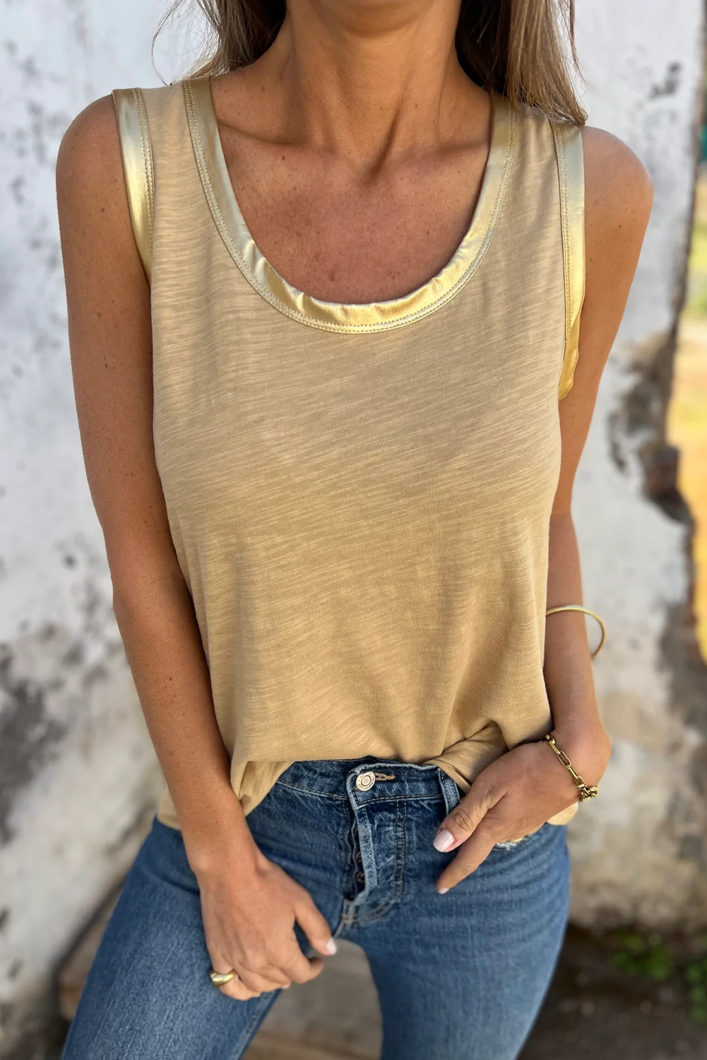Peacock Blue Metallic Sheen Edge Scoop Neck Tank Top
