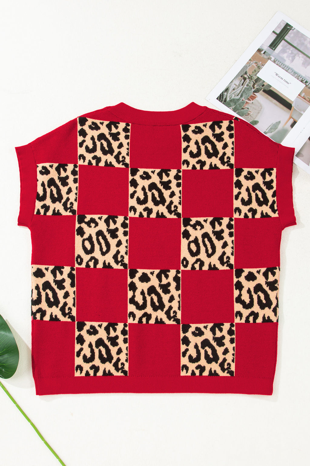 Rose Red Leopard Checkerboard Short Sleeve Knit Sweater
