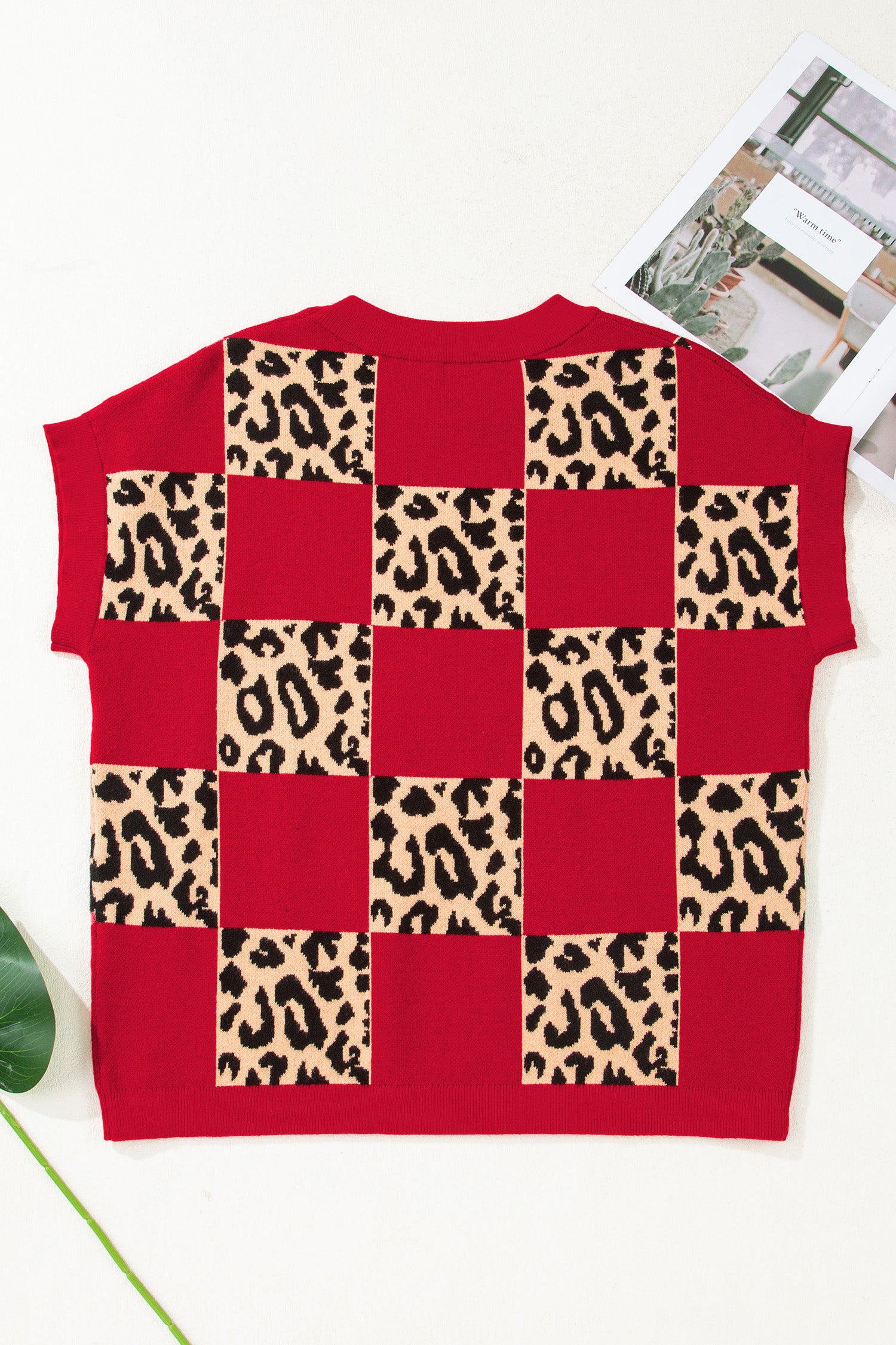 Rose Red Leopard Checkerboard Short Sleeve Knit Sweater