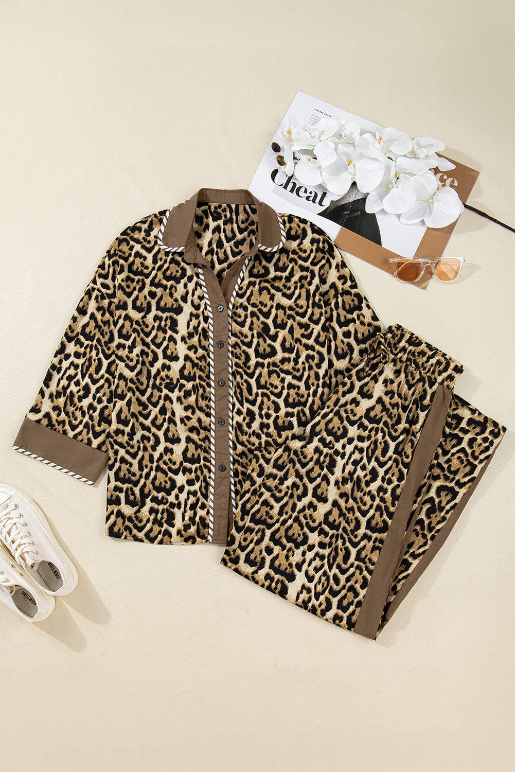 Brown Leopard Collared 3/4 Sleeve Shirt and Loose Pants Two Piece Outfit Set