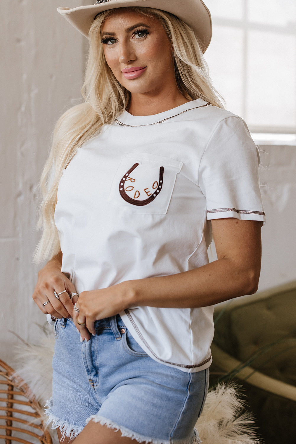 Apricot RODEO Horseshoe Embroidered Patch Pocket T Shirt