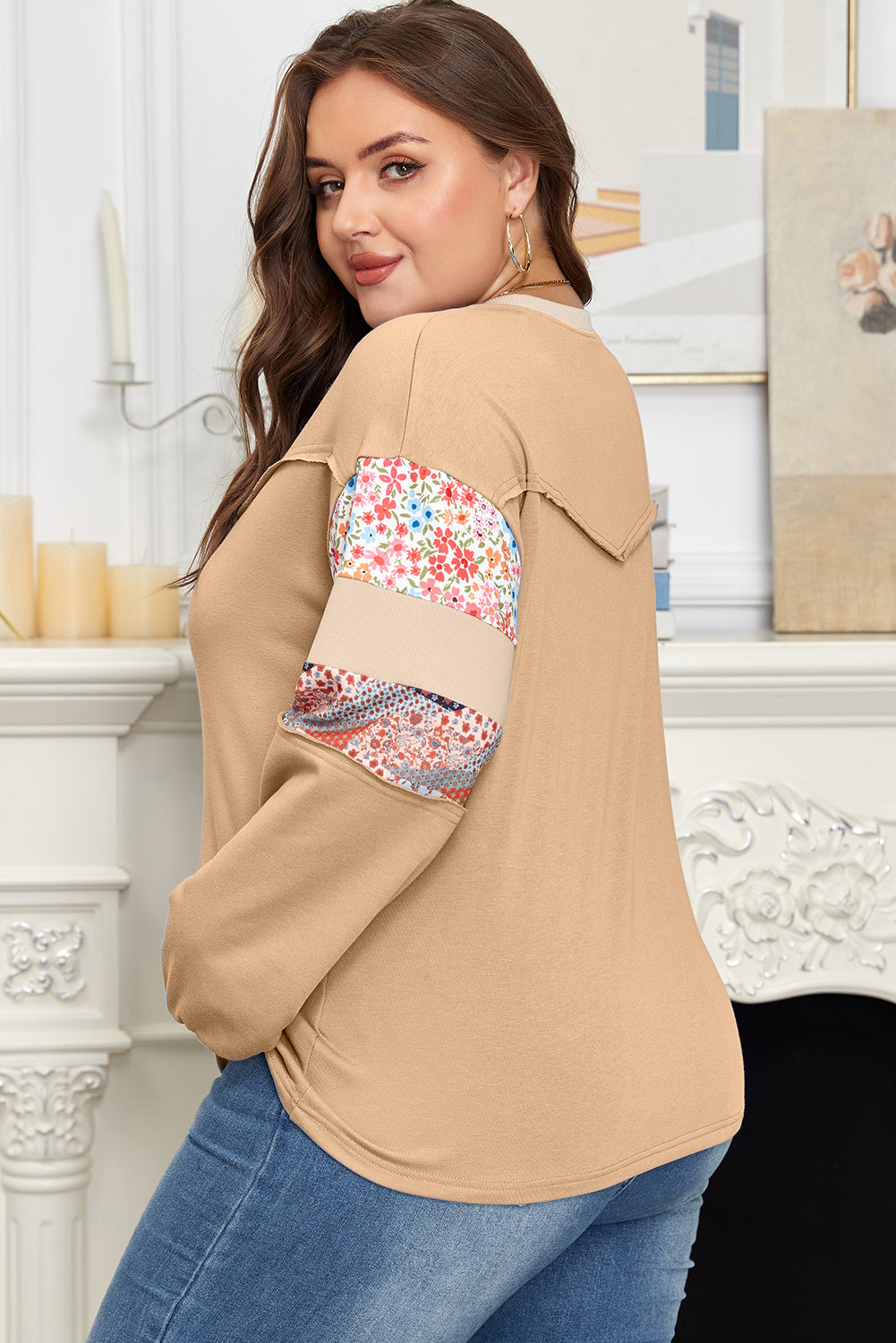 Blue Exposed Seam Floral Mixed Patchwork Relaxed Plus Size Top