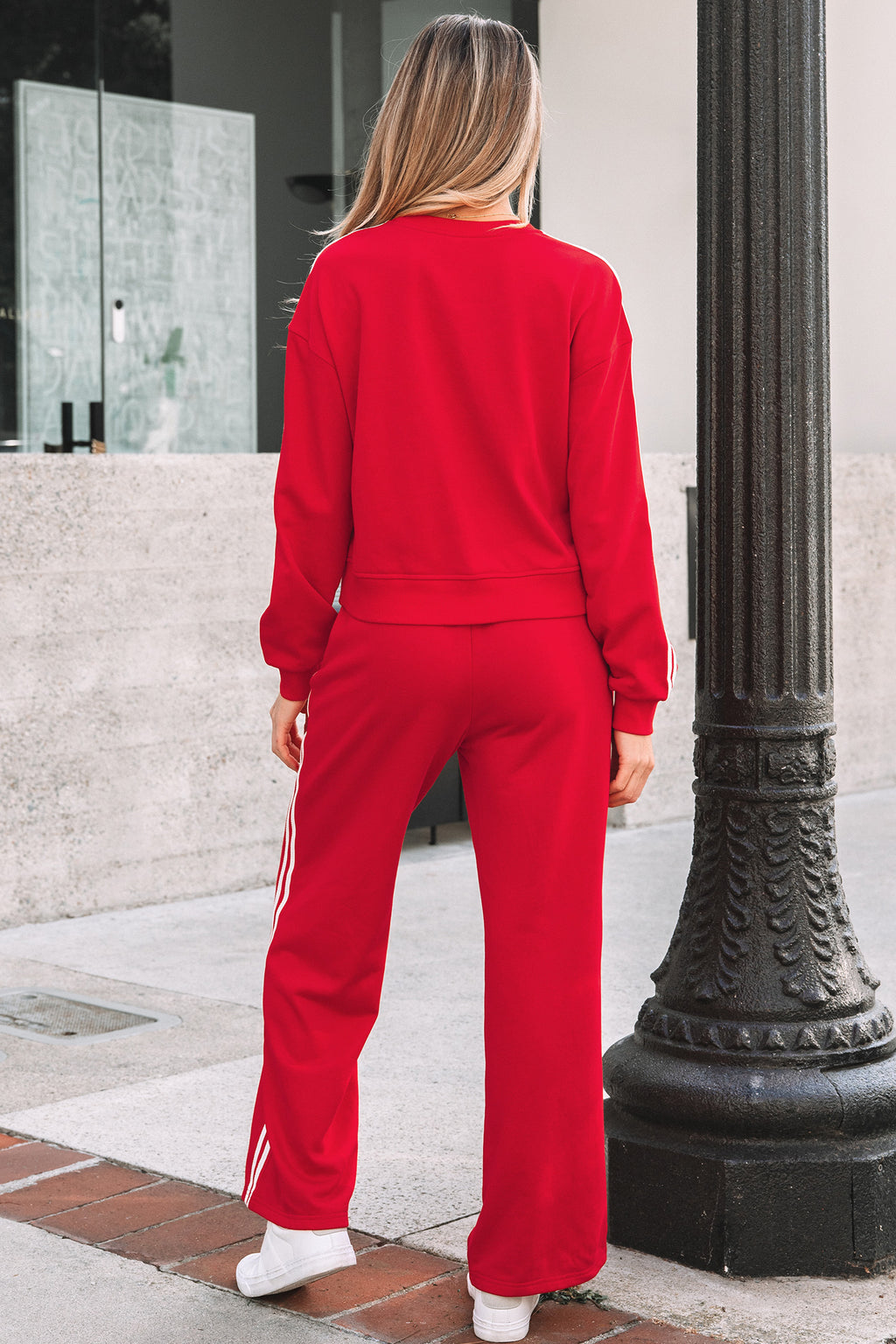 Black Varsity Striped Detail Crewneck Pullover Elastic Sweatpants 2pcs Outfit
