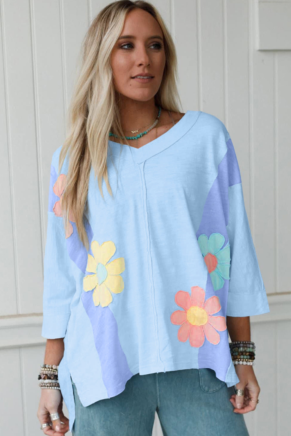 Light Blue Flower Patched Exposed Seam Bracelet Sleeve Oversized T Shirt