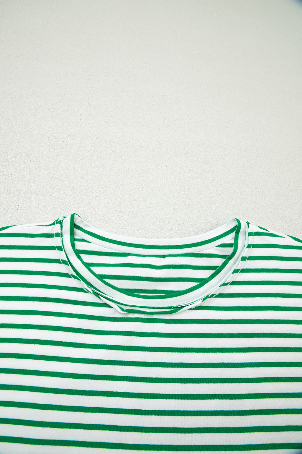 Green Stripe Floral Puff Sleeve Patchwork Round Neck Loose Top