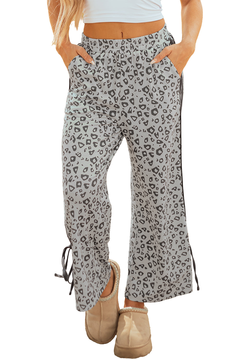 Gray Leopard Tied Leg Straight Cropped Loose Casual Pants