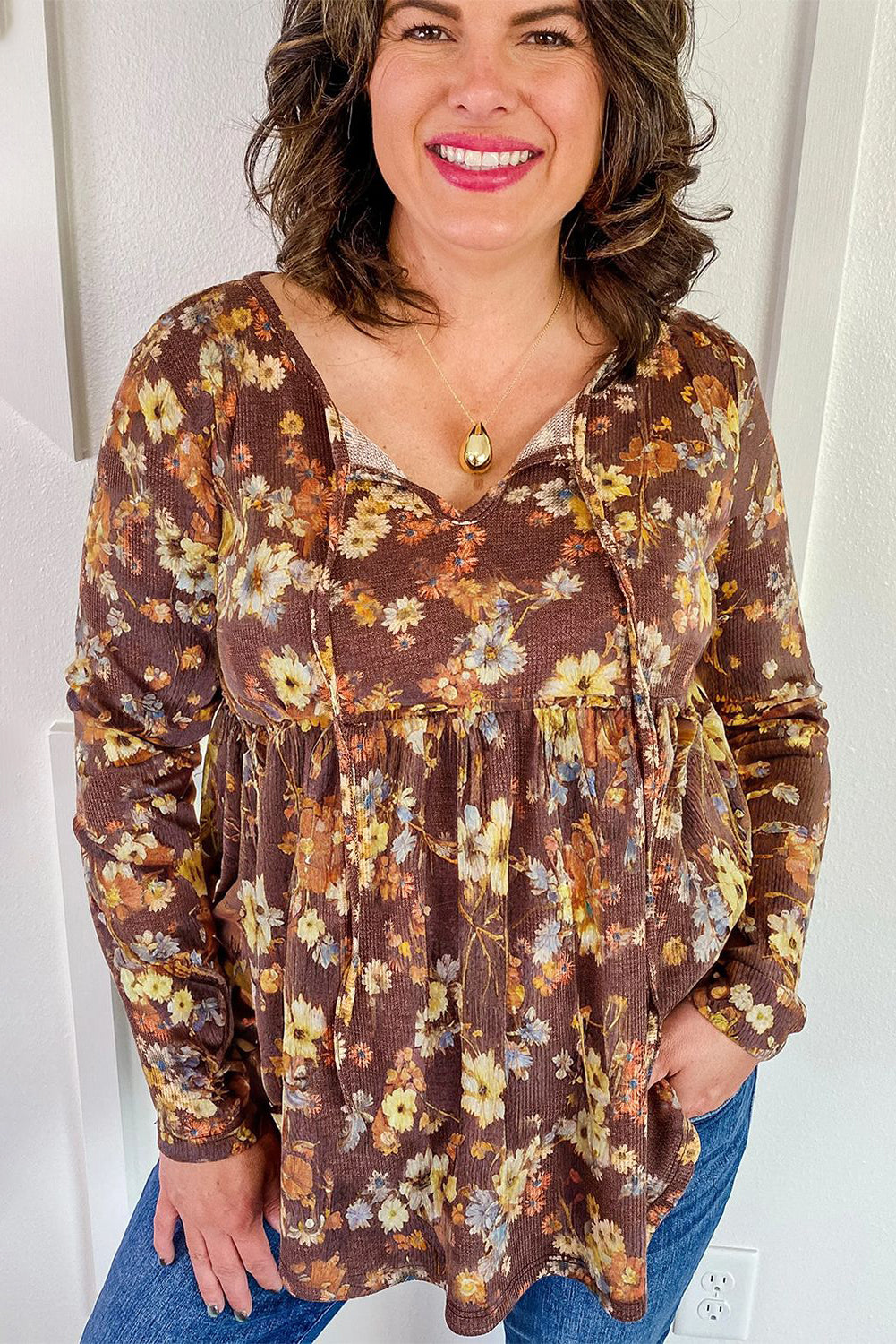 Khaki Floral Textured Tied Neck Long Sleeve Plus Size Babydoll Blouse