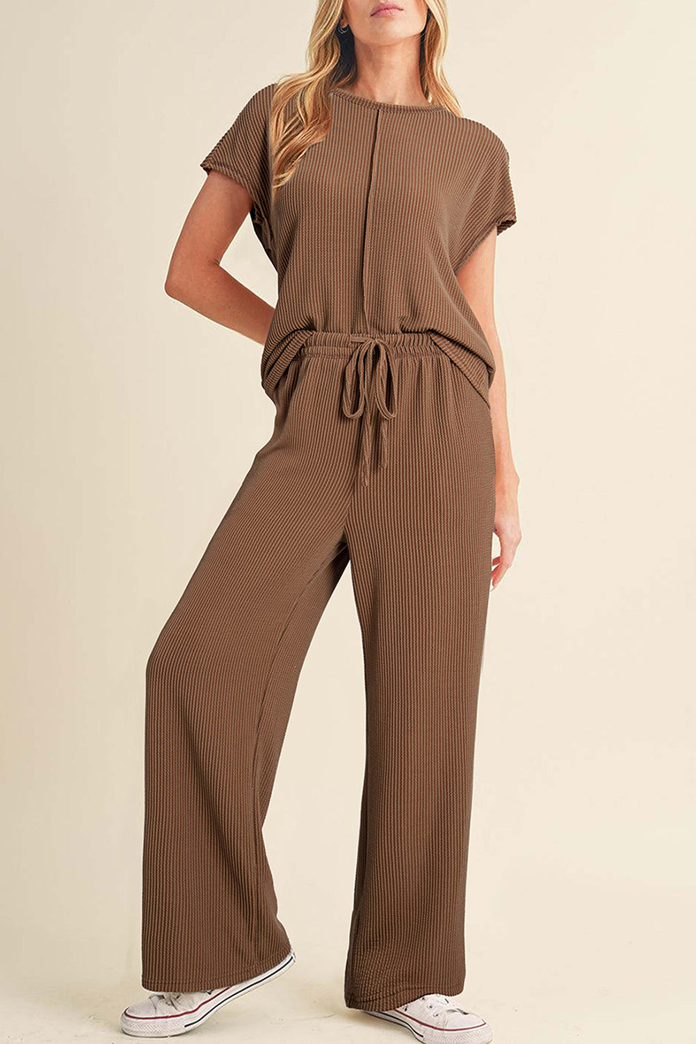 Coffee Solid Color Corded Short Sleeve Top and Casual Pants Set
