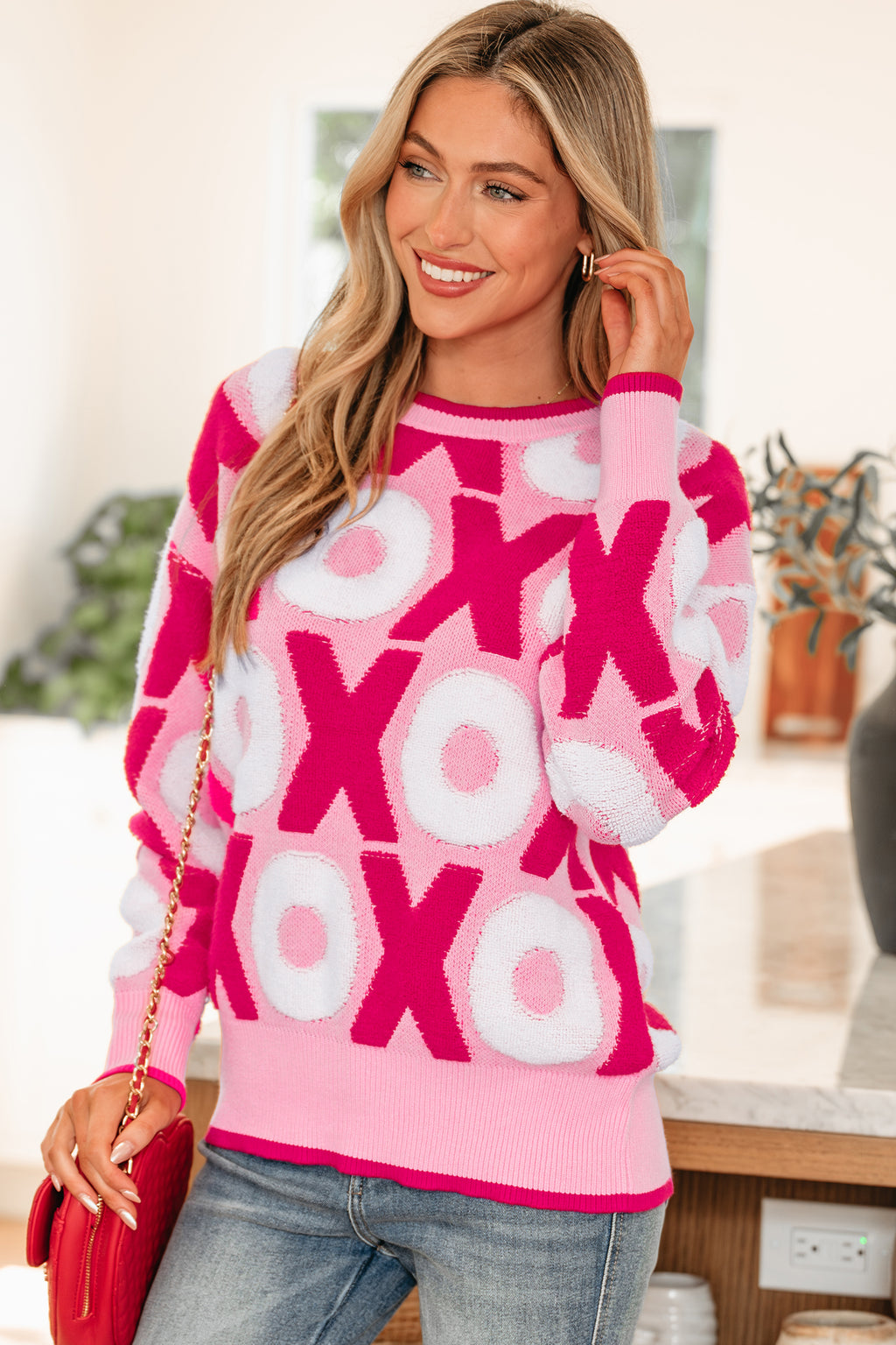 Pink XOXO Pattern Drop Shoulder Crewneck Valentines Sweater