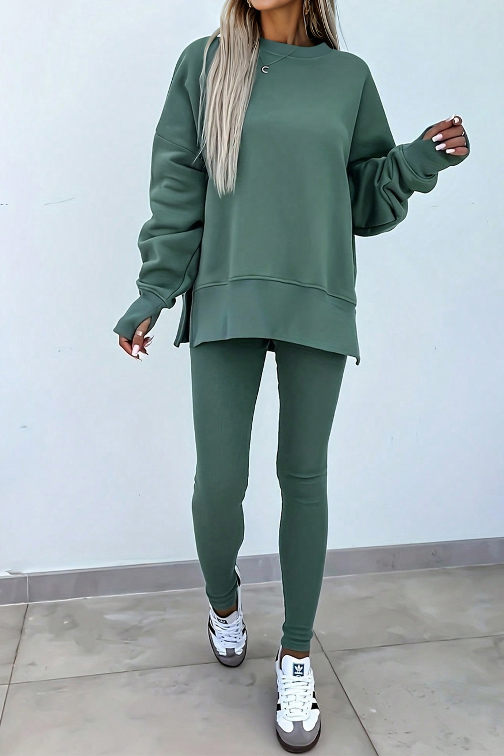 Orchid Mist Solid Color Oversize Slit Sweatshirt Ribbed Leggings 2pcs Set
