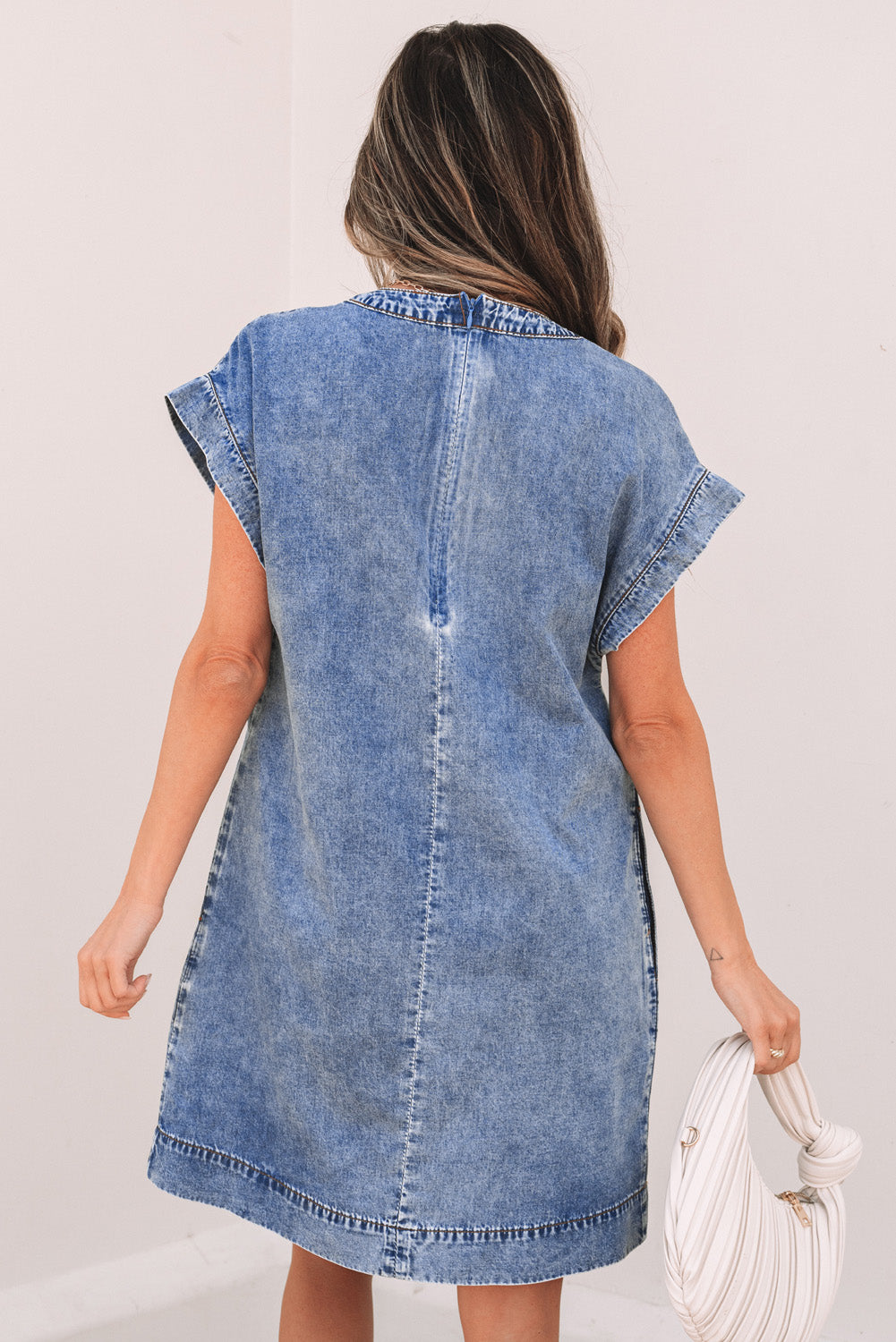 Beau Blue Tie V Neck Tucking Detail Short Sleeve Denim Shift Dress