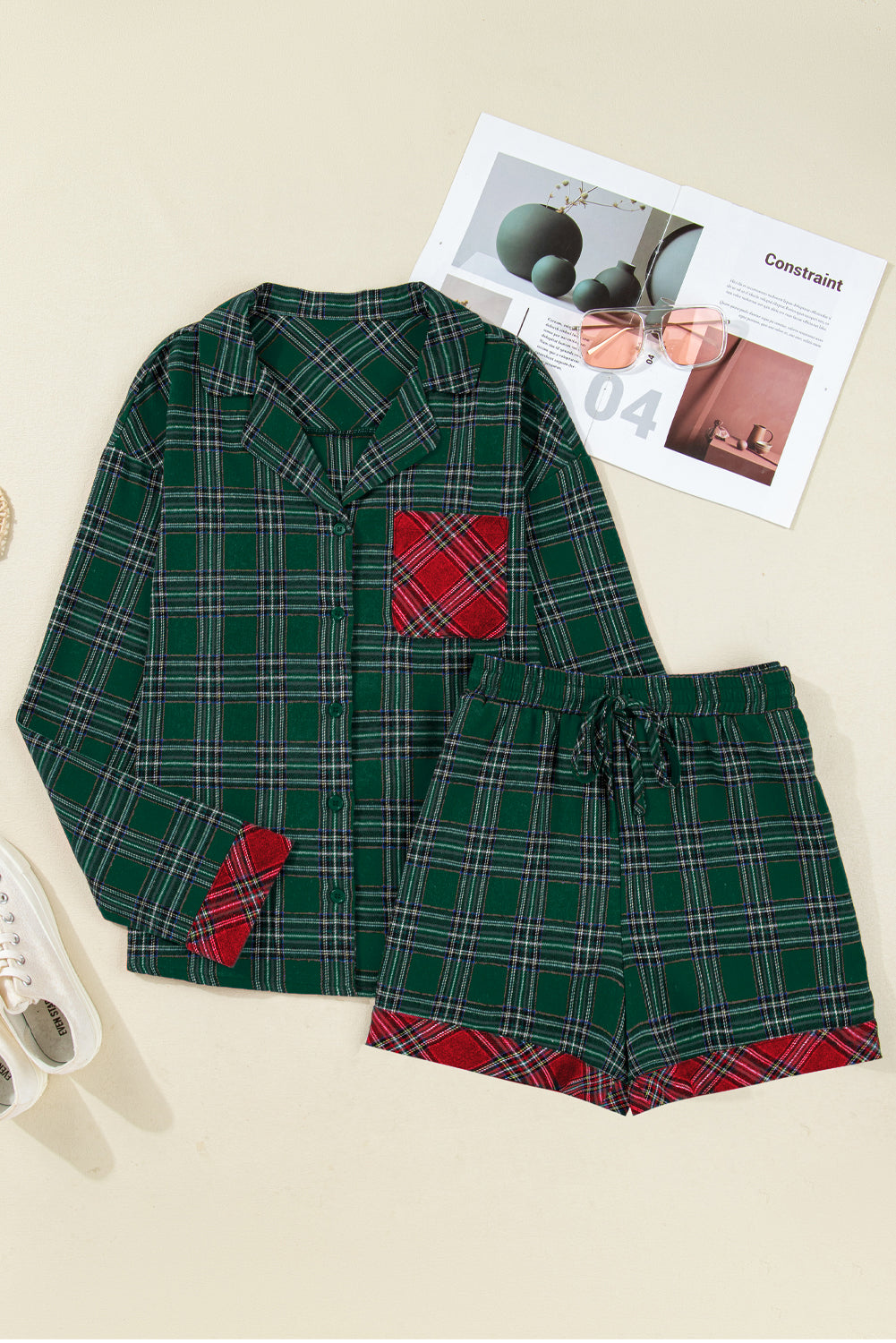 Red Plaid Contrast Patched Christmas Holiday Long Sleeve Shirt and Short 2pcs Pajama Set