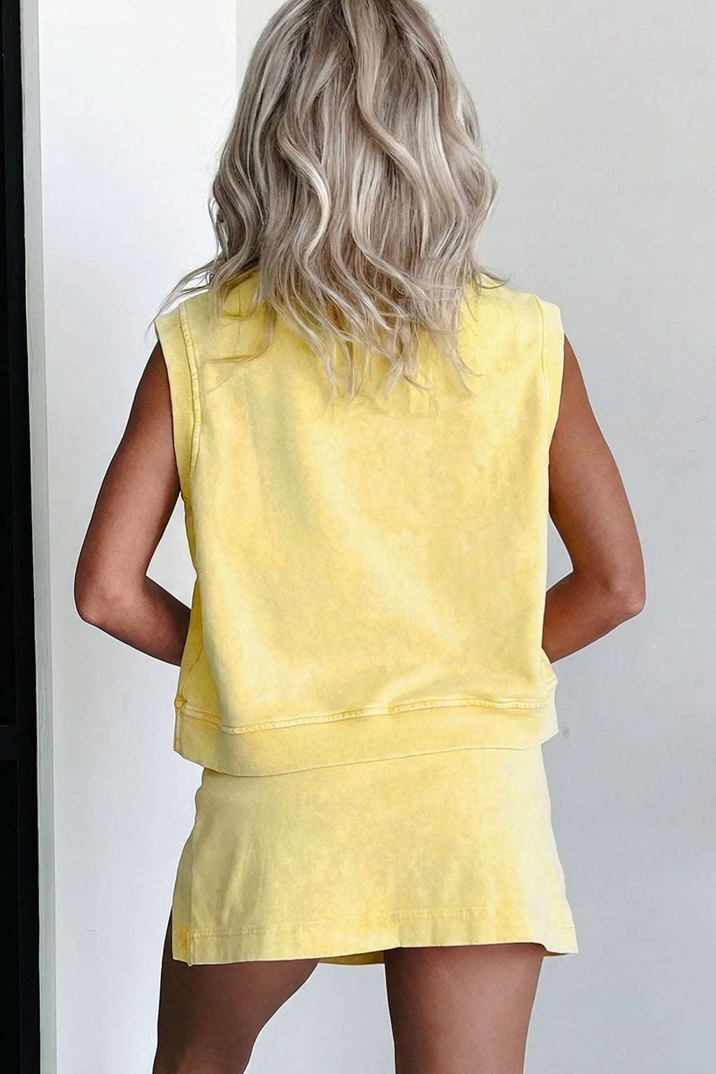 Yellow Cream 2 Pieces Mineral Wash Cotton Tank Top Lined Split Skort Set
