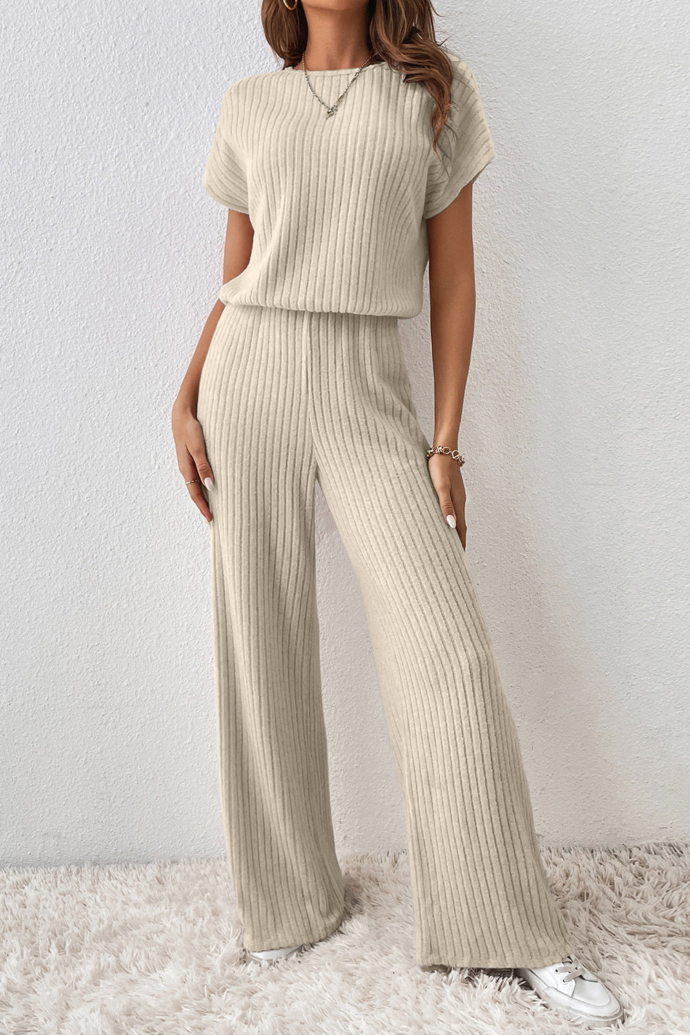 Dark Grey Ribbed Keyhole Short Sleeve Wide Leg Jumpsuit