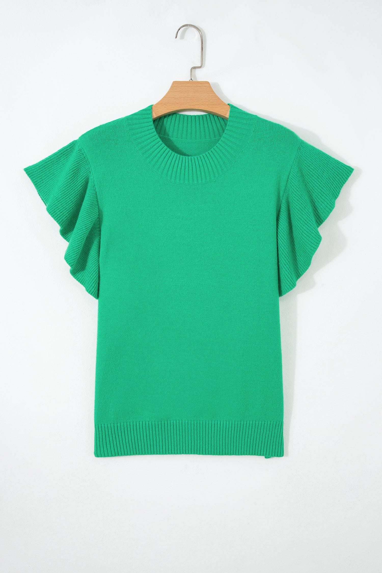 Beau Blue Solid Color Ribbed Trim Round Neck Ruffle Short Sleeve Sweater