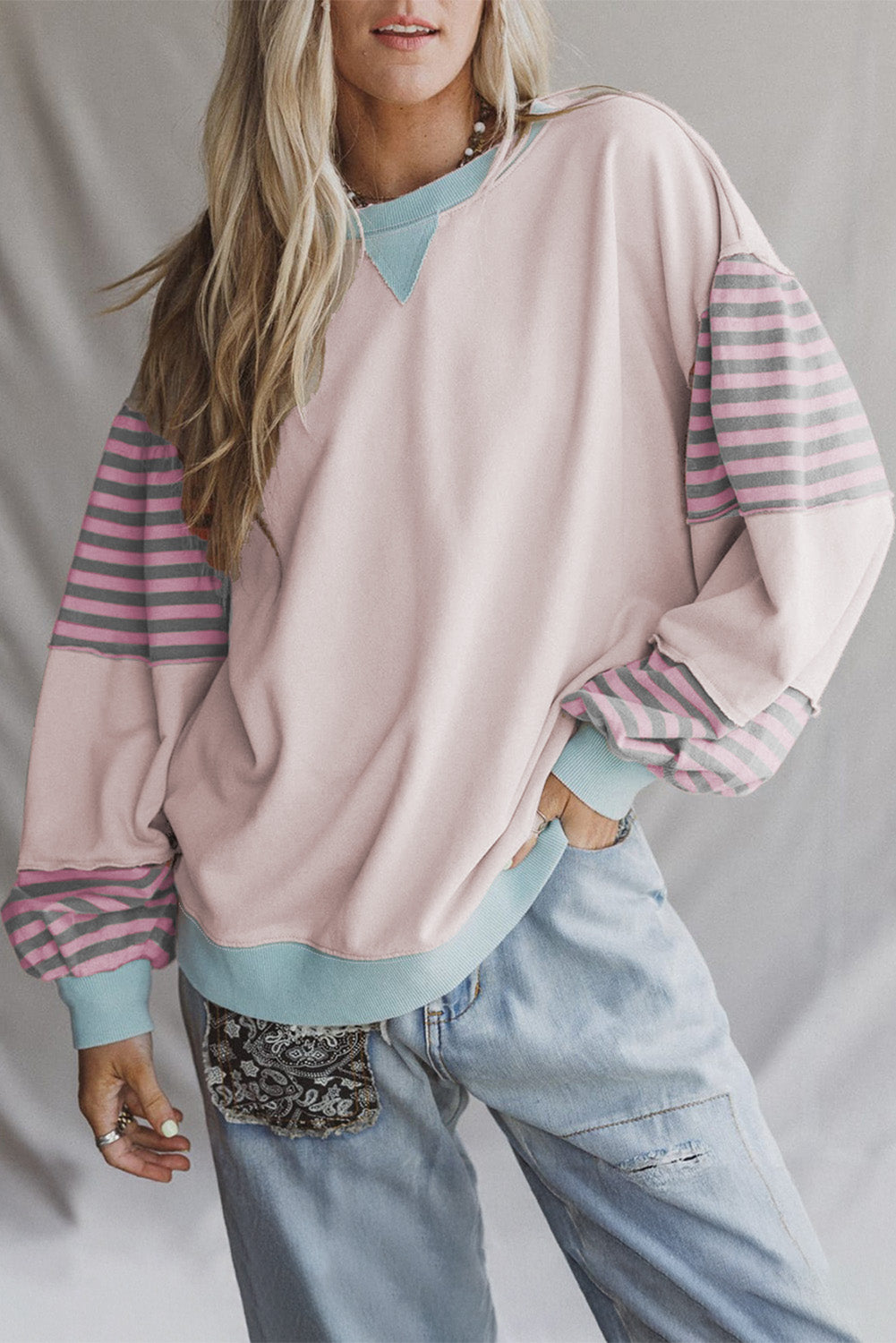 Parchment Striped Colorblock Patchwork Drop Shoulder Sweatshirt