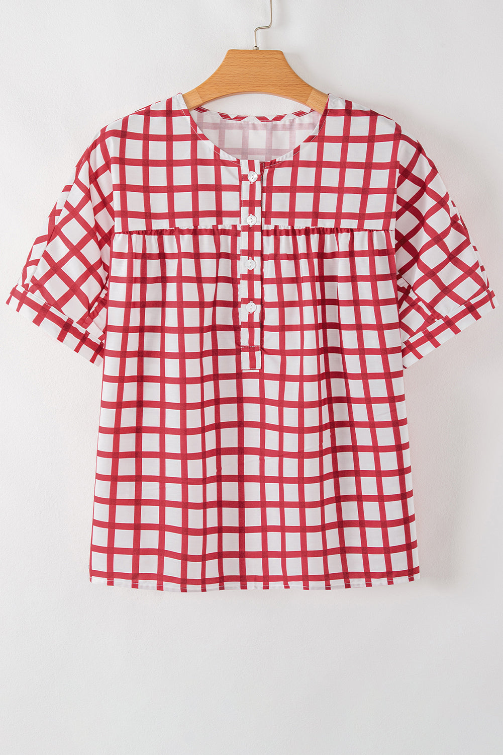 Red Stripe Plaid Button Placket Split Neck Half Sleeve Blouse