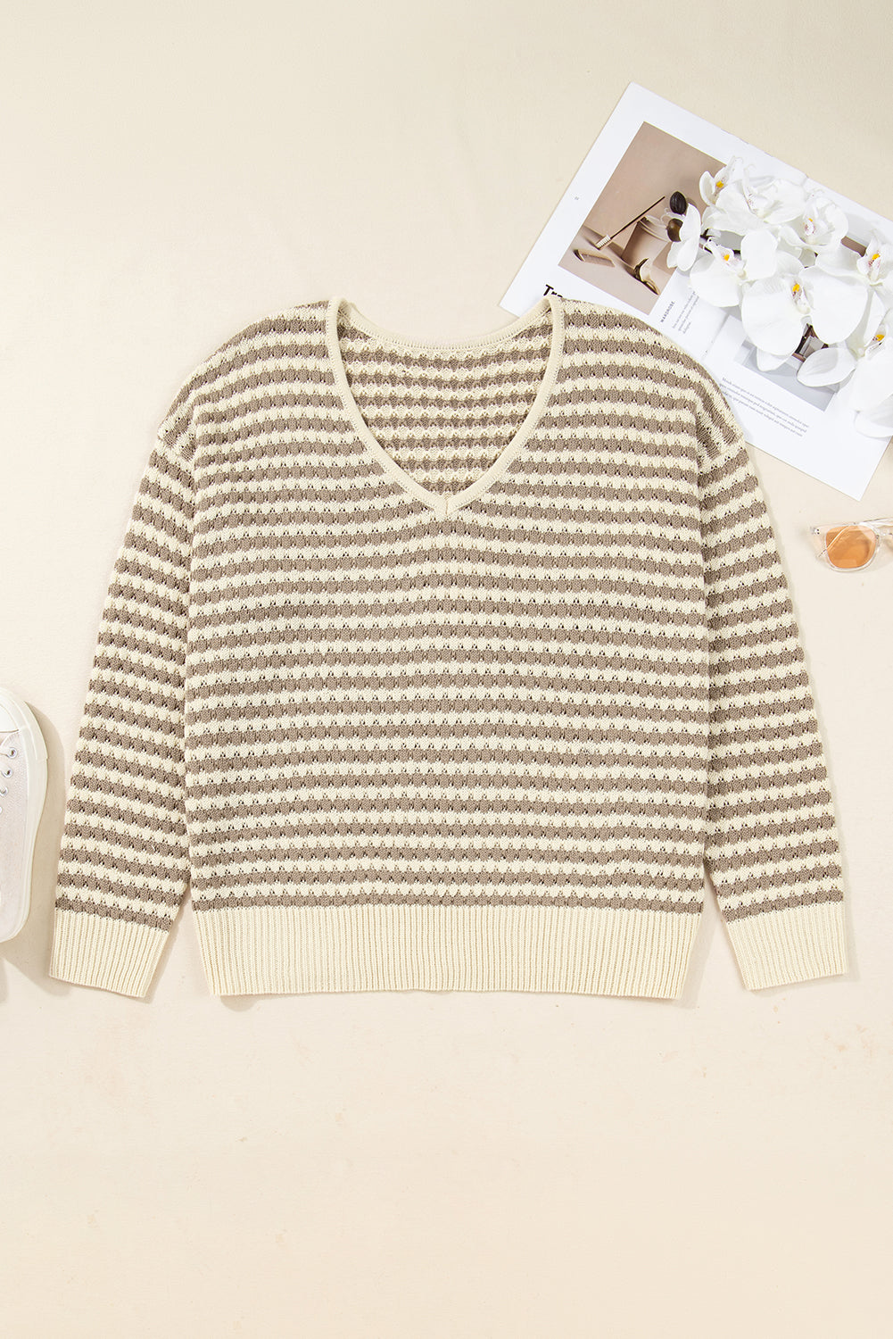 Khaki Stripe Plus Size V Neck Drop Shoulder Sweater