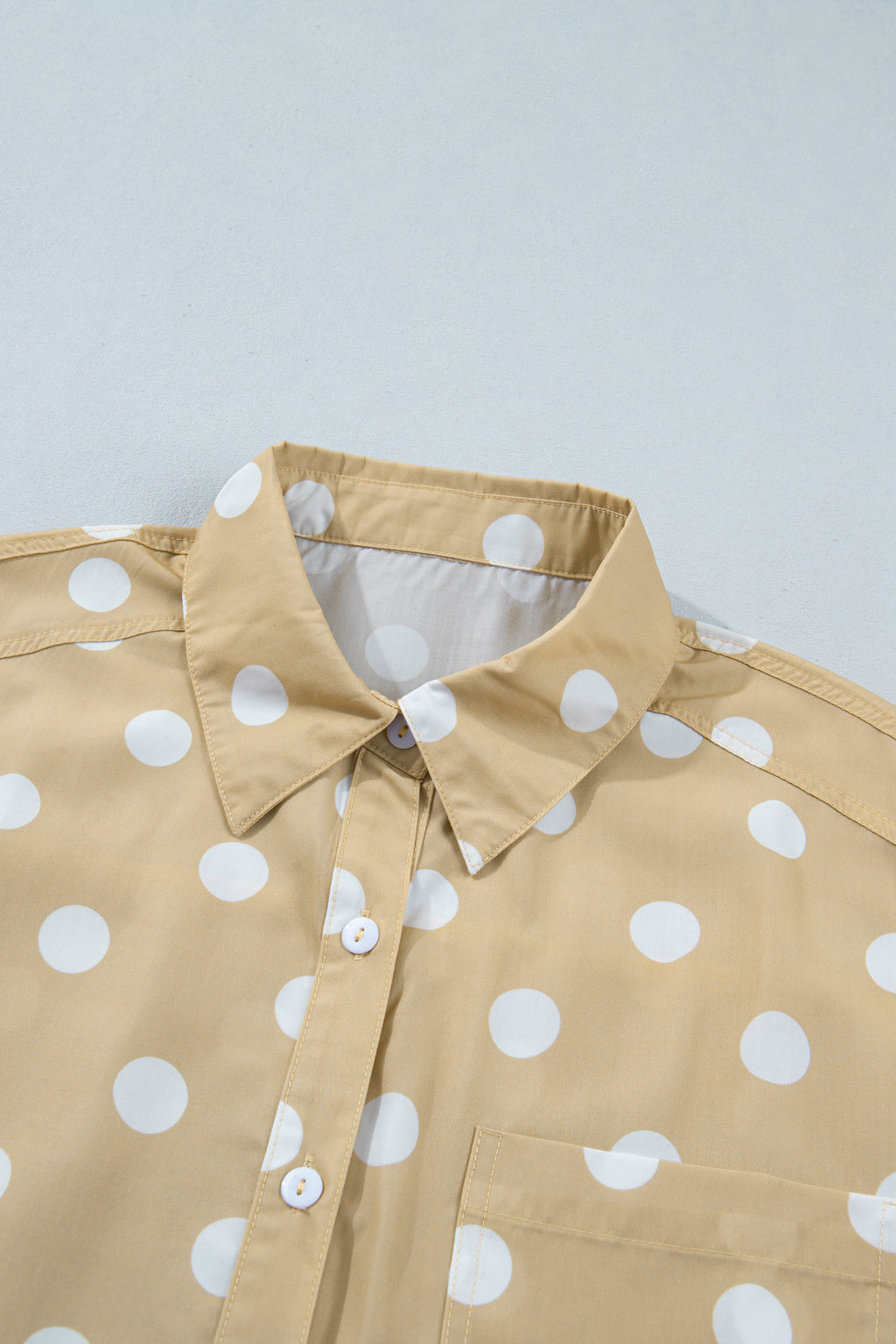Khaki Polka Dot Print Three Quarter Sleeve Ruffle Hem Casual Shirt