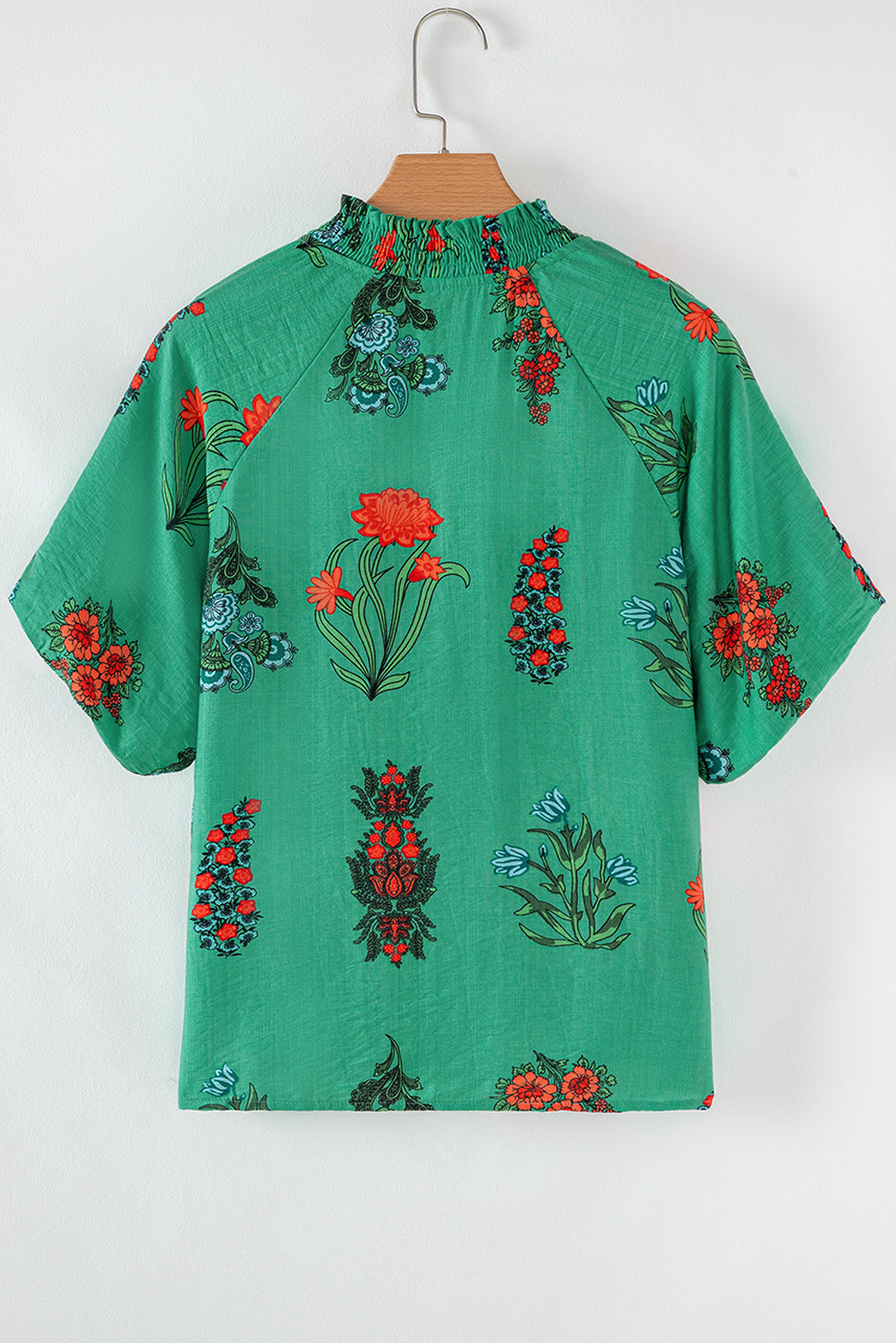 Bright Green Floral Print Buttoned V Neck Short Sleeve Blouse
