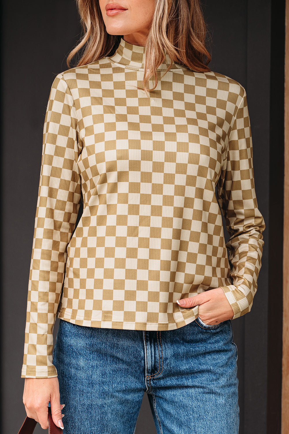 Khaki Check Pattern Turtleneck Ribbed Slim Long Sleeve Tee