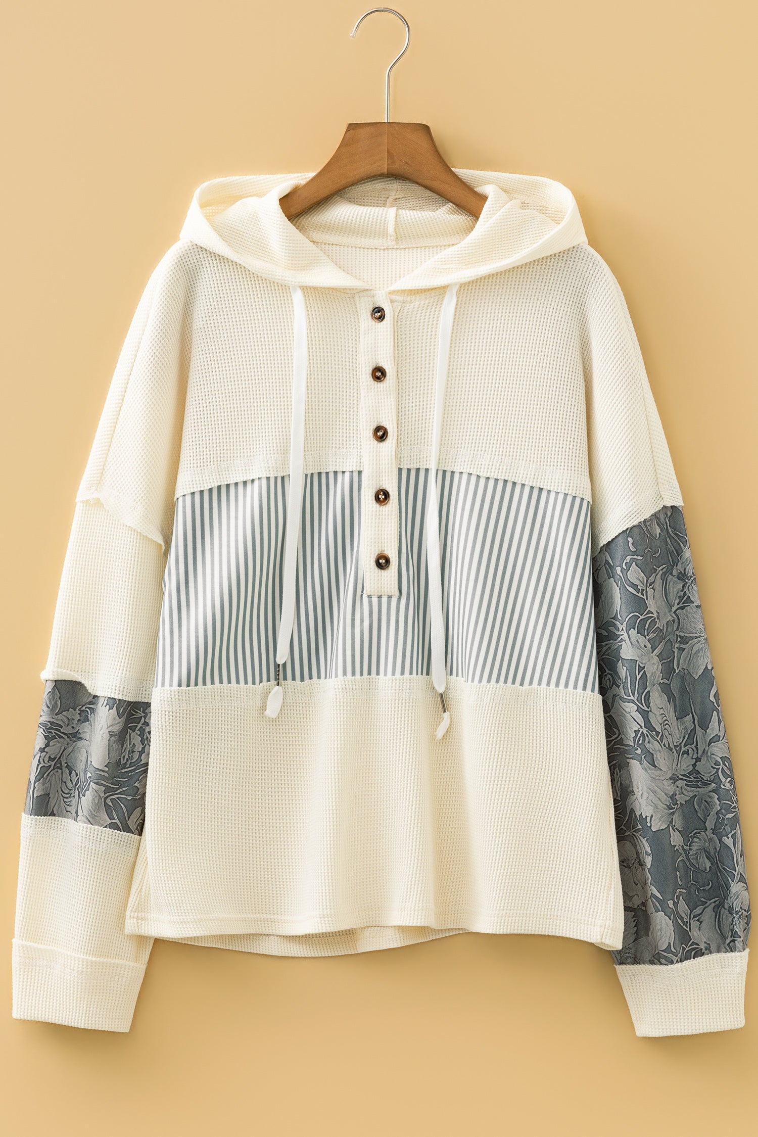 Cinnamon Waffle Printed Patchwork Drawstring Hooded Long Sleeve Top